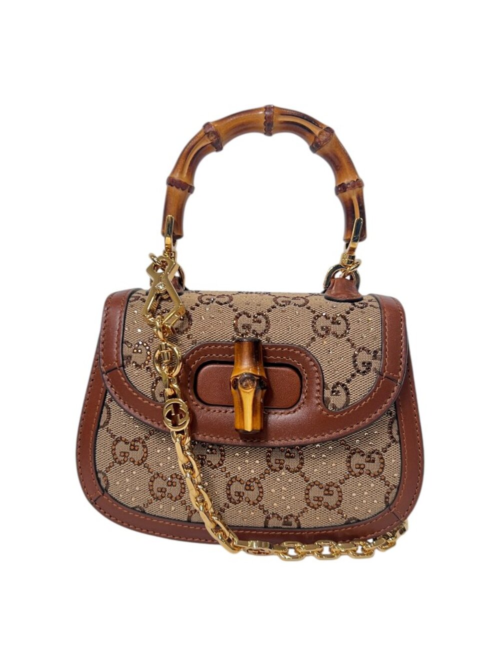 $4495 Gucci 1947 Brown Mini Crystal Studded Bamboo Handle Chain Crossbody